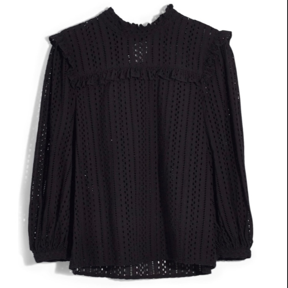 Ruffle Mock Neck Eyelet Blouse In True Black